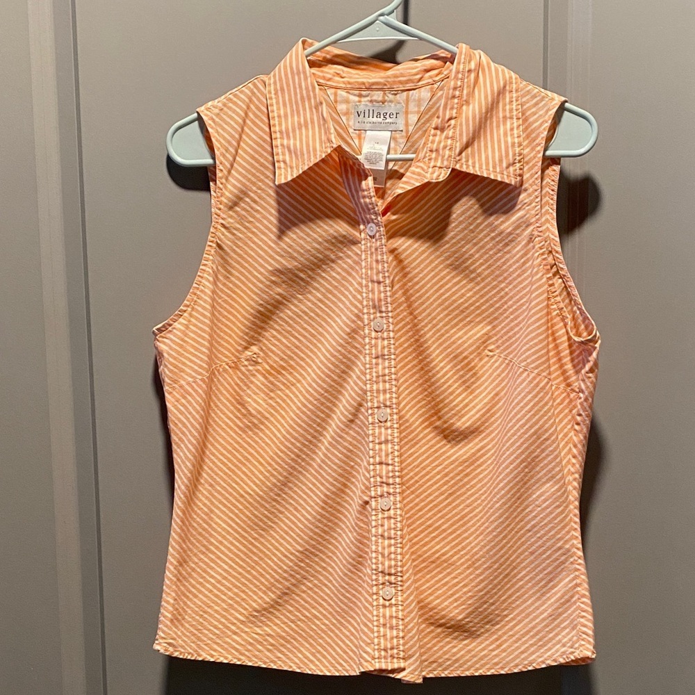 Villager Liz Claiborne Top 14 Peach Stripe Sleeveless Button Down Cotton Classic